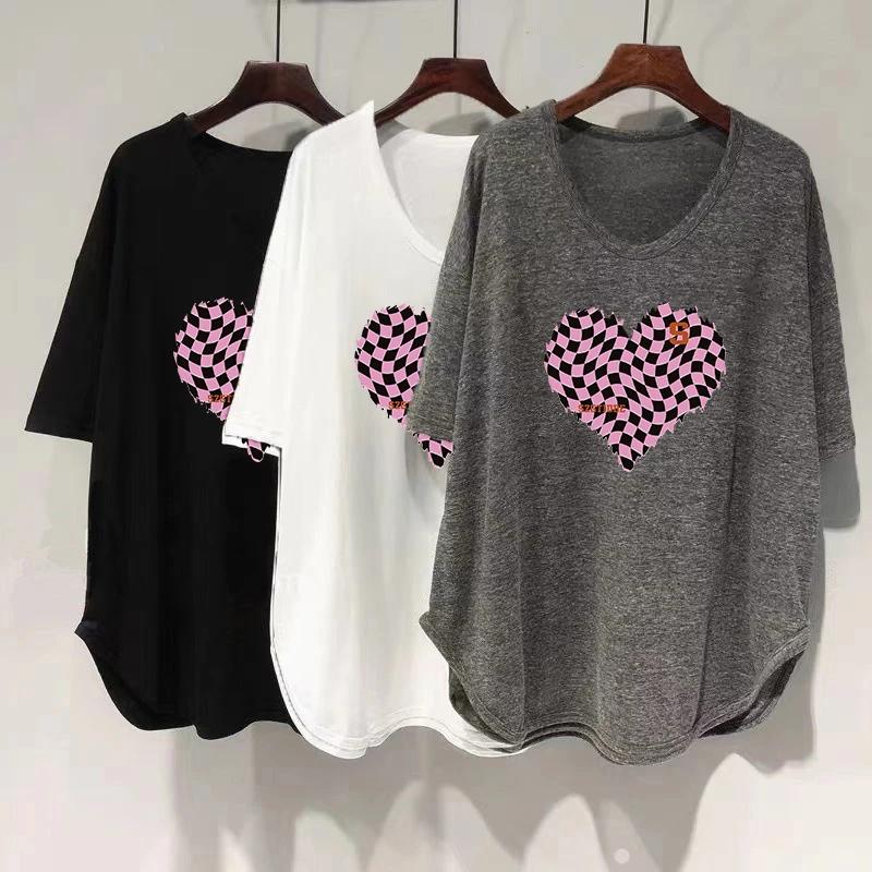 T-shirt Women Mid-length Summer Casual Large Size Loose U Neck Pullover Short-sleeved Tops