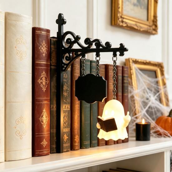 Retro Reading Corner Lamp Library Lantern Bookshelf Lamp, Vintage Metal LED Nightlight for Book Nook Decor, Gothic Home Decor Ghost Book/Wearing
