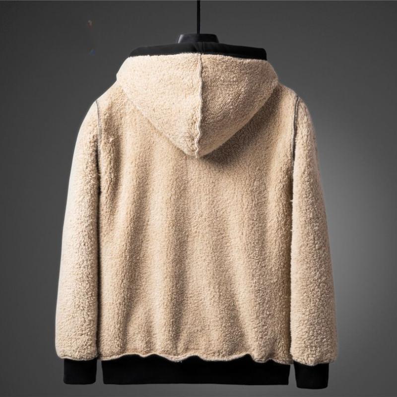 Sweatshirt for Men Coat Jacket Plush Lined Cardigan Hoodie Front Pockets Warm Zipper Lamb Woolen Printed Feather Autumn Winter Red