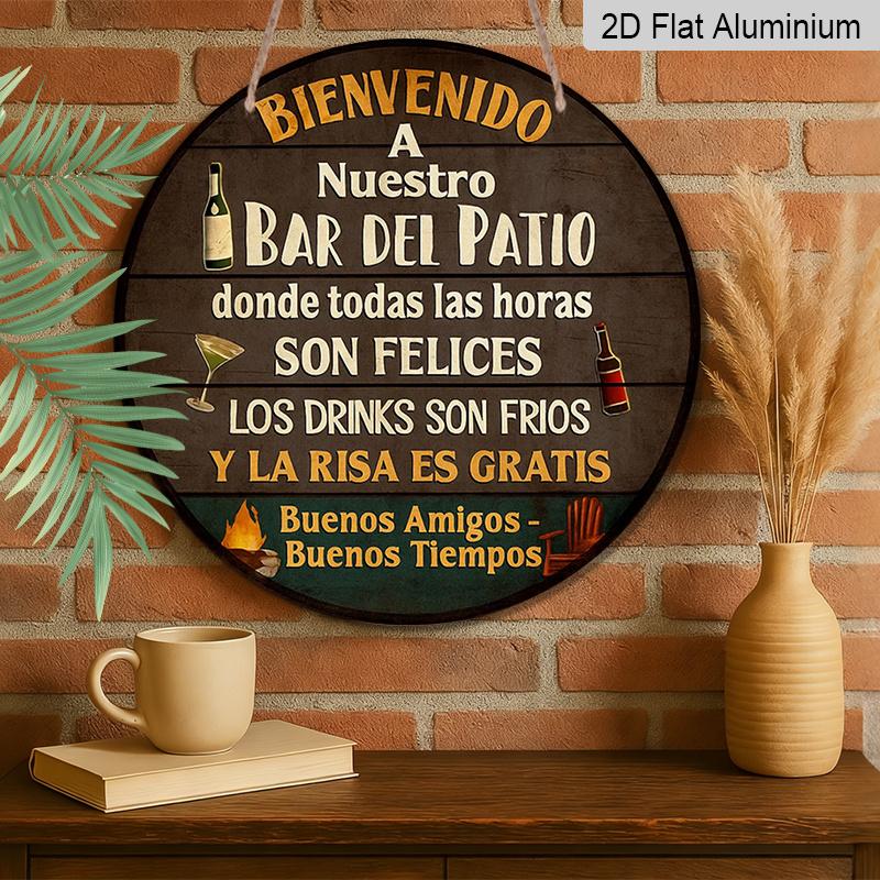 2D Flat, 1pc 7.87X7.87 Inch 2D Round Aluminum Sign, Vintage Plaque about "Courtyard Bar Welcome", Bar Patio Decoration Sign, Suitable for Decorating