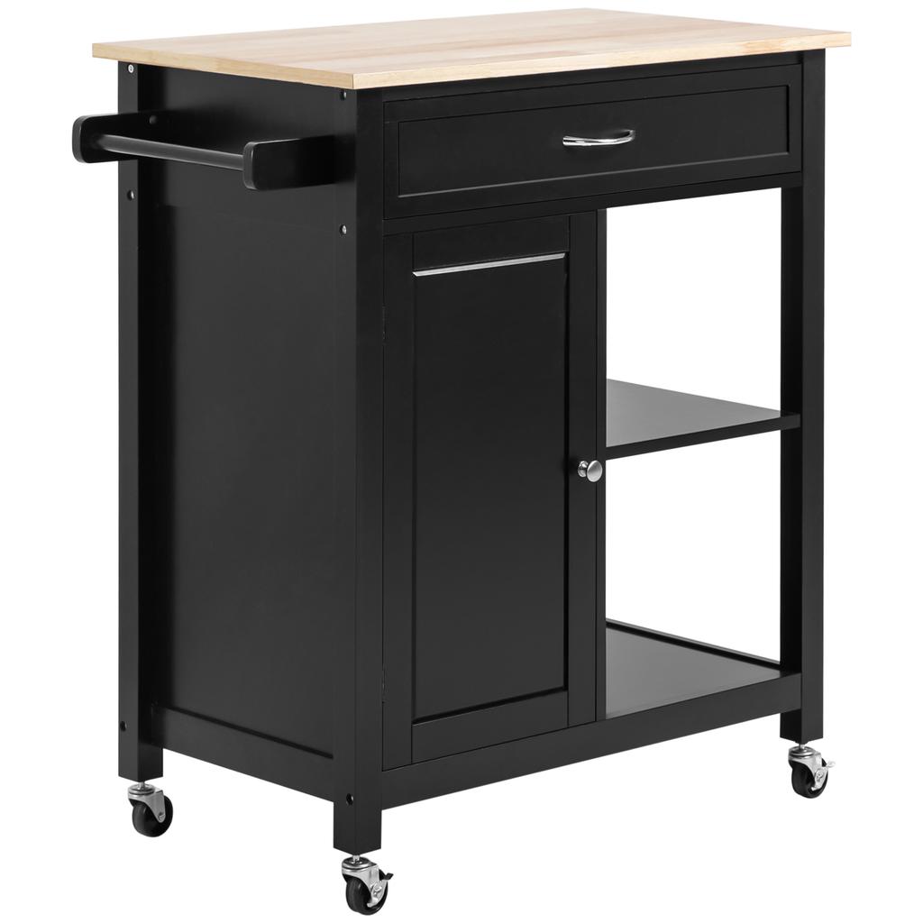Wooden Kitchen Trolley with Drawer, Cabinet and Wheels, 83x45x88cm, Black
