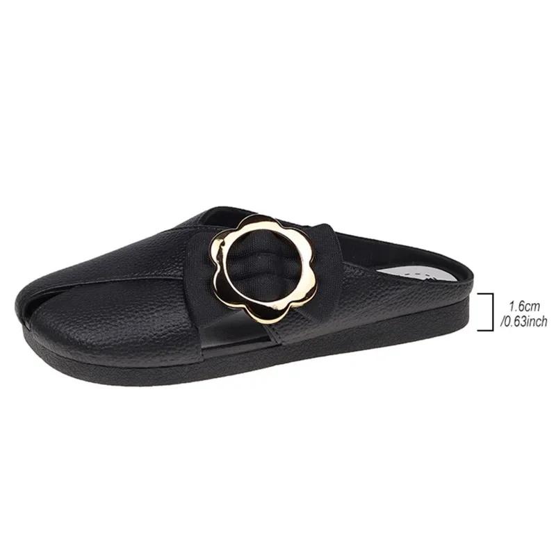 2024 High Quality Women's Shoes Hot Selling Fashion Baotou Flat Ladies Slippers New Solid Color Metal Decoration Ladies Slippers