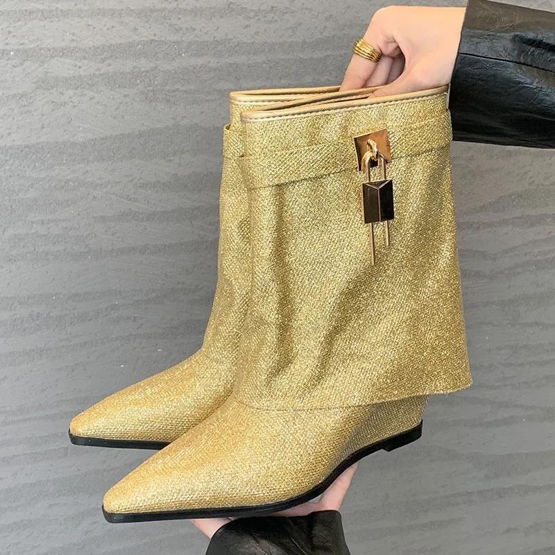 

Блестящие дизайнерские ботинки на танкетке, женские, с застежкой-пряжкой, с острым носком, модные брендовые ботильоны, роскошные, с кристаллами, на высоком каблуке, короткие женские ботинки 39