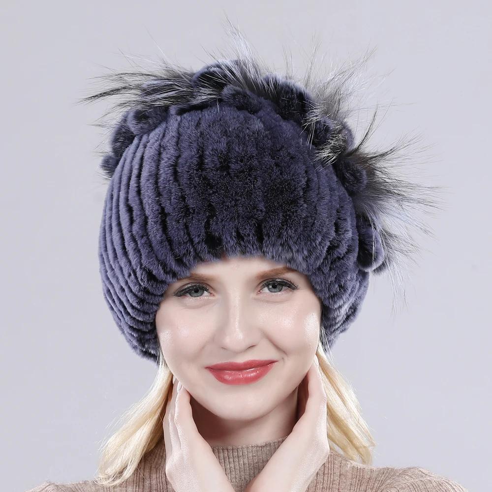 Brand Women Genuine Rex Rabbit Fur Hats Winter Rex Rabbit Fur Beanies Striped Top Flower Fox Fur Warm Real Fur Knit Caps