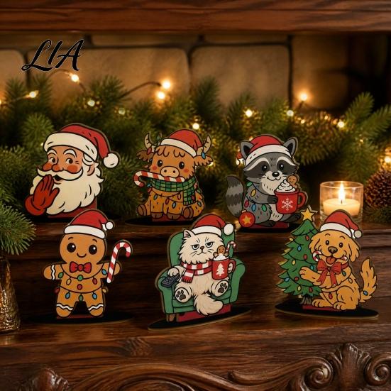 Rustic Wood Ornaments 6Pcs Christmas Wooden Tabletop Ornaments, Stable Base Cartoon Animal/Santa Claus/Gingerbread Holiday Home Accents Man