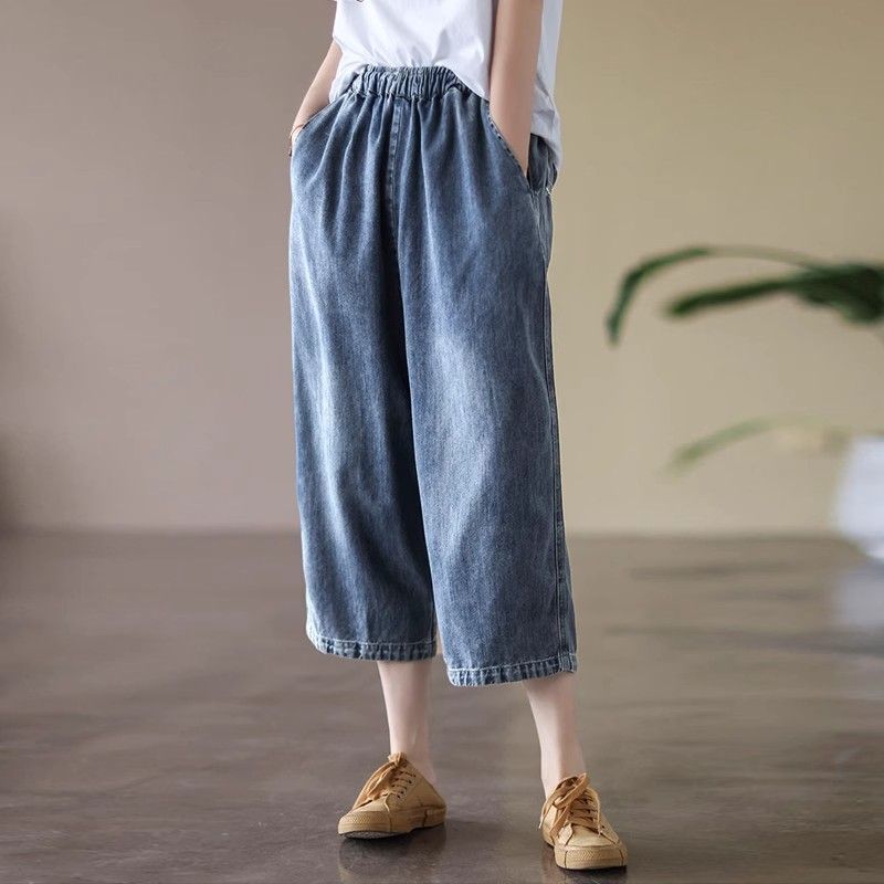Pantaloni Corti Estivi Sottili in Denim Retro da Donna Vestibilità Larga Gamba Larga