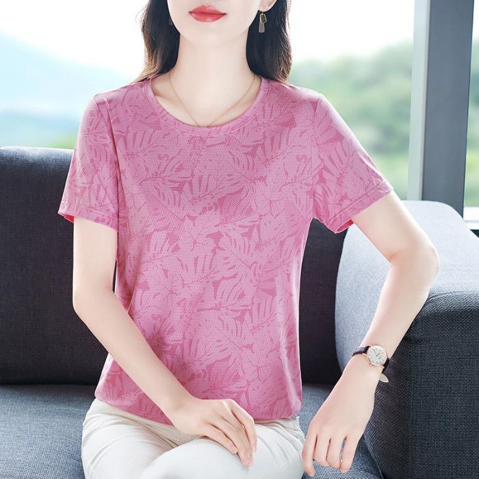 YYFS Women's Fashion Casual Summer Spring Flower Pattern Print Short Sleeve O-Neck Blouses & Shirts
