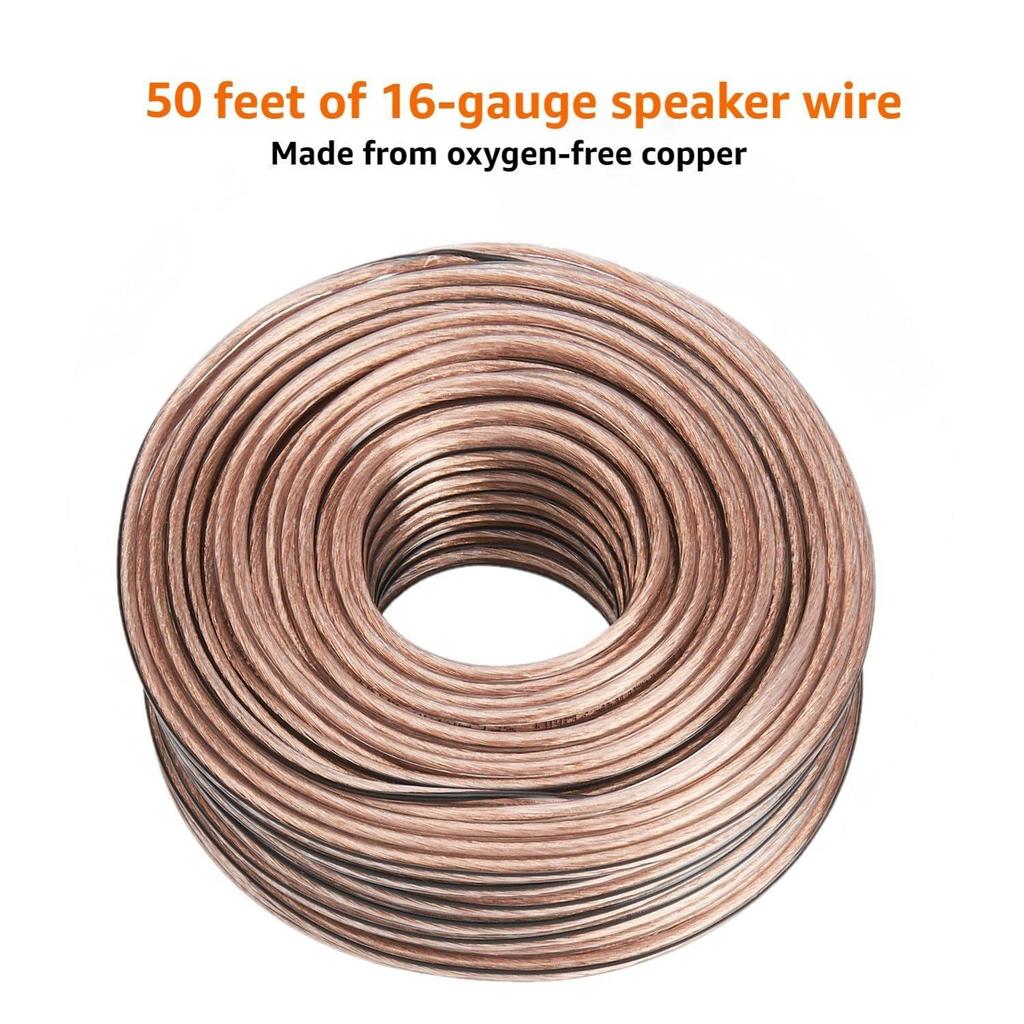 16-Gauge/AWG Speaker Wire, Oxygen-Free Copper, Two Conductors, Audio Speaker Cable for Car, Stereo, Subwoofer  (50 Feet, Copper, Transparent)