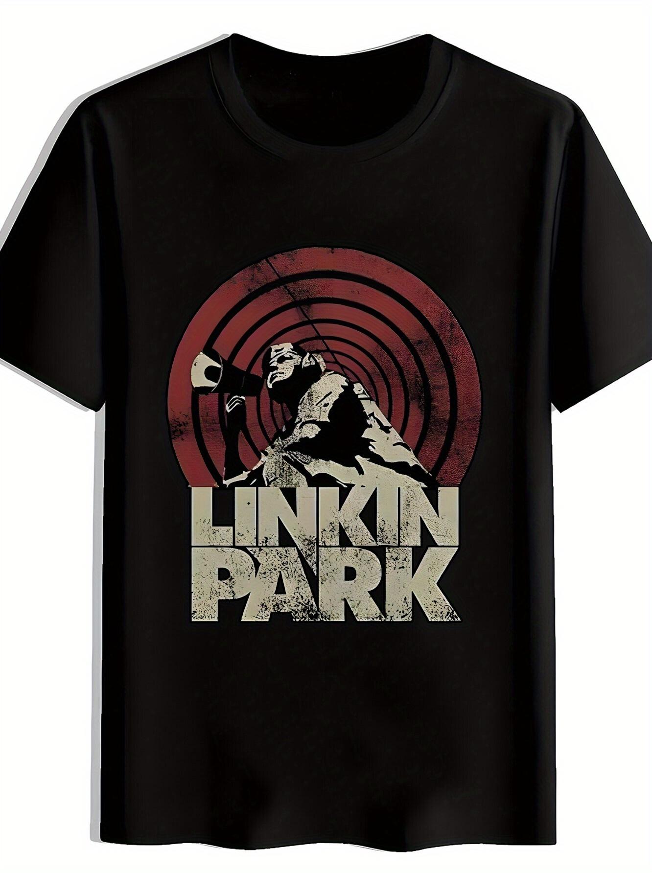 Vintage Rock Band Graphic T-shirt - Black Distressed Retro Print Short Sleeve Tee with LINKIN PARK & Lettering S