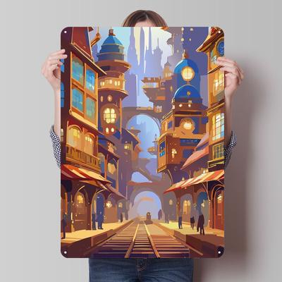 Steampunk Cityscape Metal Signs City Poster Bedroom Decoration Living Room Decor Men Vintage Interior Pictures Wall Decoration