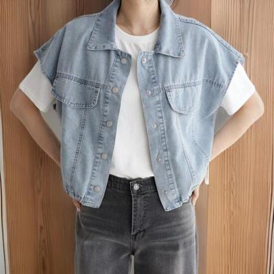 New Arrivals Open Run Women Denim String Collar Neck Box Fit White Blue Vest
