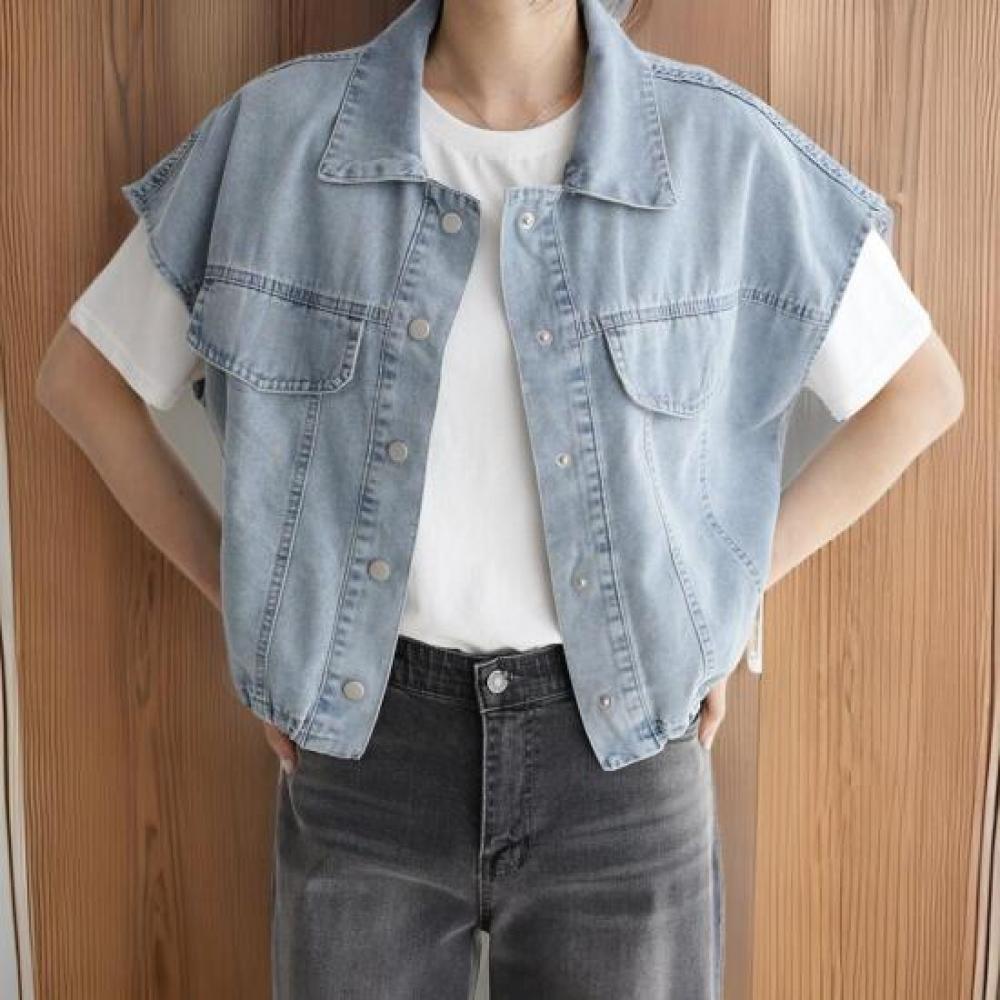 New Arrivals Open Run Women Denim String Collar Neck Box Fit White Blue Vest