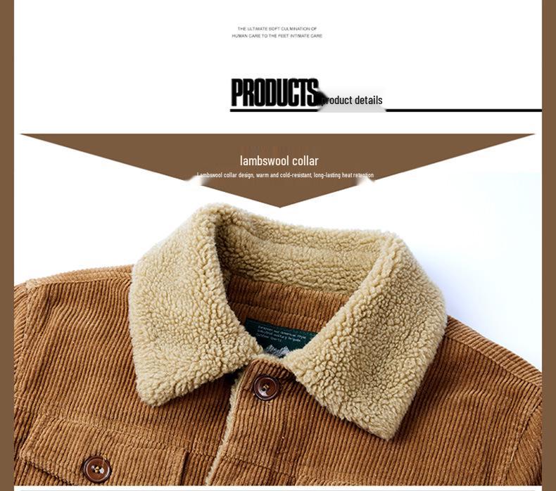 Men's Retro Corduroy Lambswool Jacket - Thickened, Fleece-Lined Cotton-Padded Coat for Autumn and Winter.