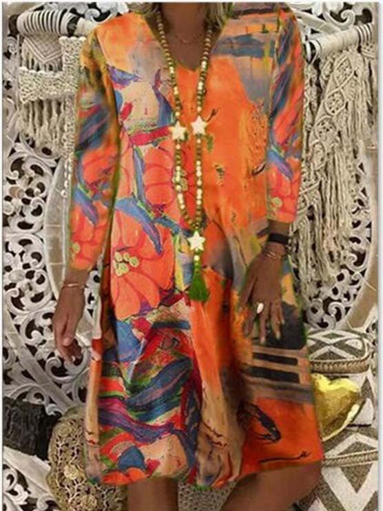 

European and American spring new women s clothing printed long-sleeved women s dress shows thin and versatile fashion temperament S оранжевый