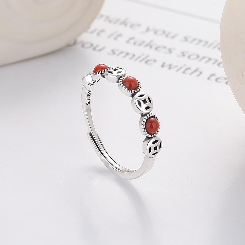 CaiYi S925 Sterling Silver Natural NanHong Agate Coin Ring - Chinese Style Luck & Wealth Accessory