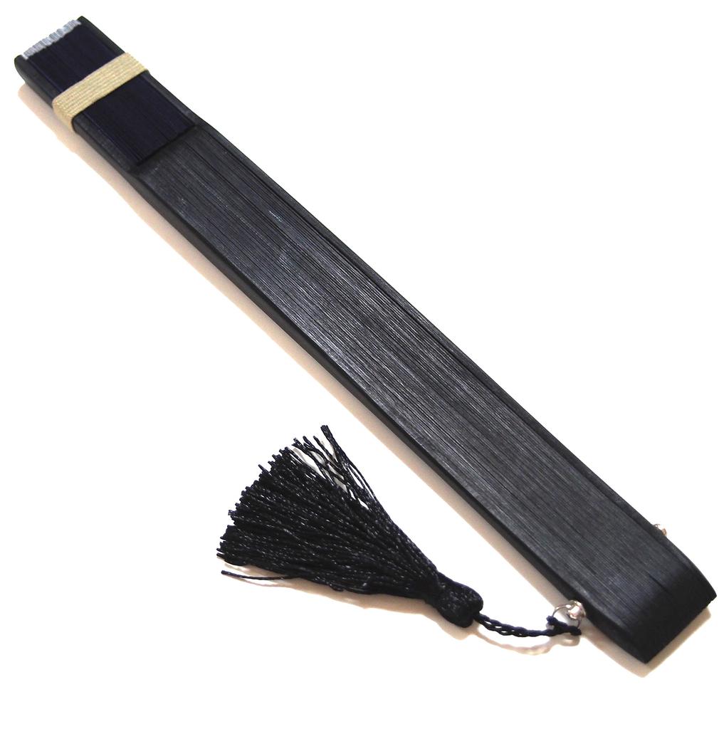 Handcrafted by a Skilled Fan This Short Silk Fan for Men Features 42 Ken and Is Product Craftsman, Black-dyed Bones, 22cm, (tassels Included), Blue.