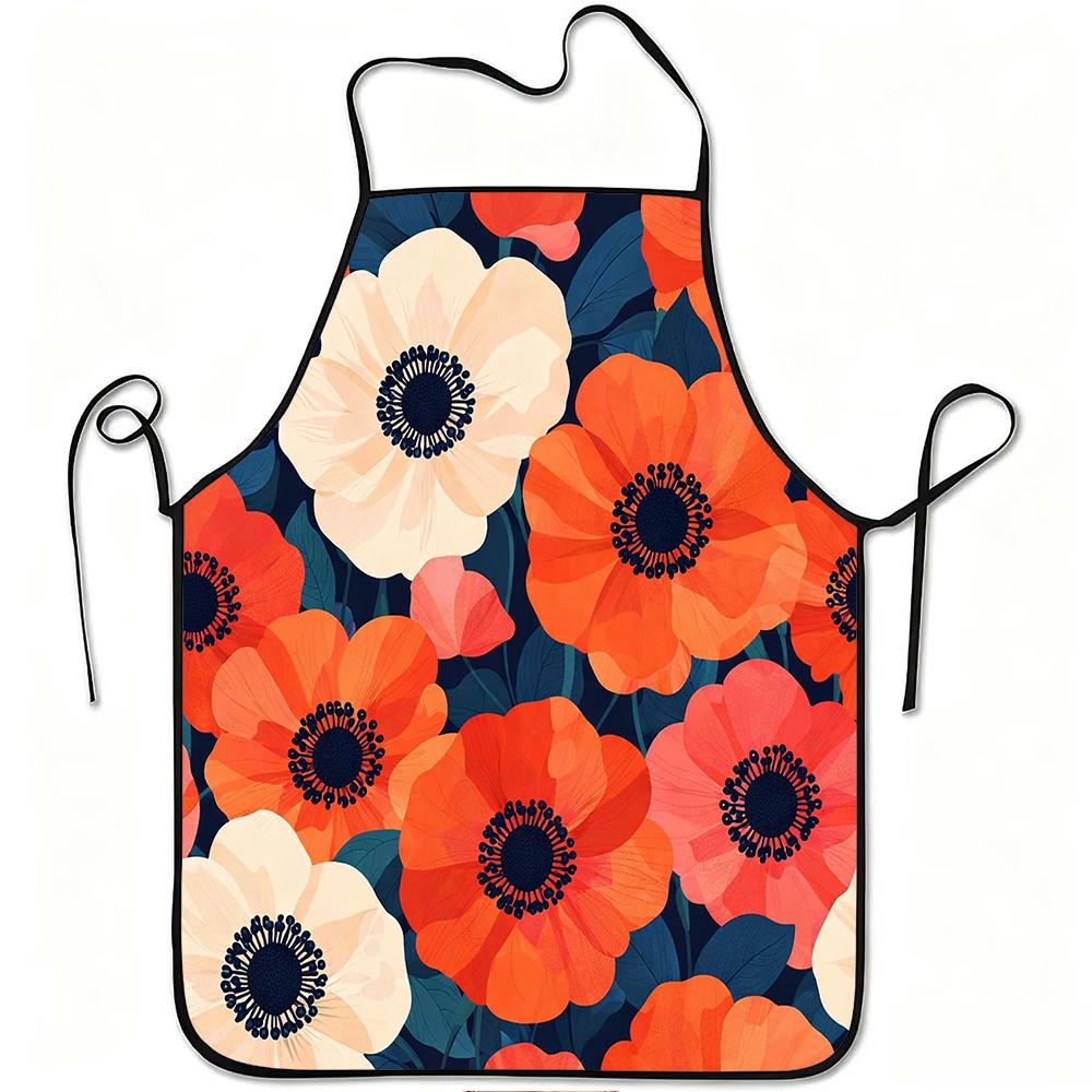 1pc Red And White Poppy Flower Print Apron, Durable And Easy to Clean, Adjustable Waistband, Polyester Material, for Kitchen Cooking, Gardening, Orcha