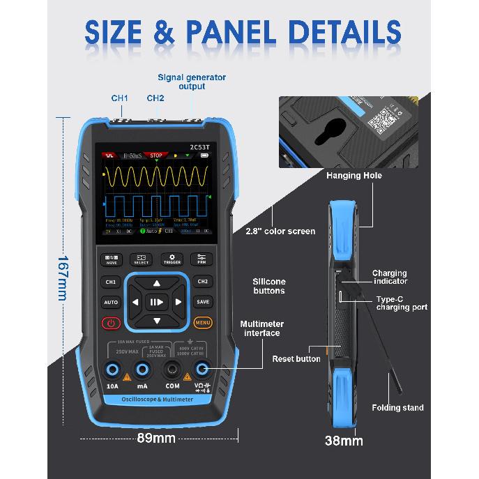 Professional Handheld Oscilloscope Multimeter 3-in-1 2 Channels 2C23/2C53T with DDS Generator 250MS/s Sampling Rate 19999 Counts