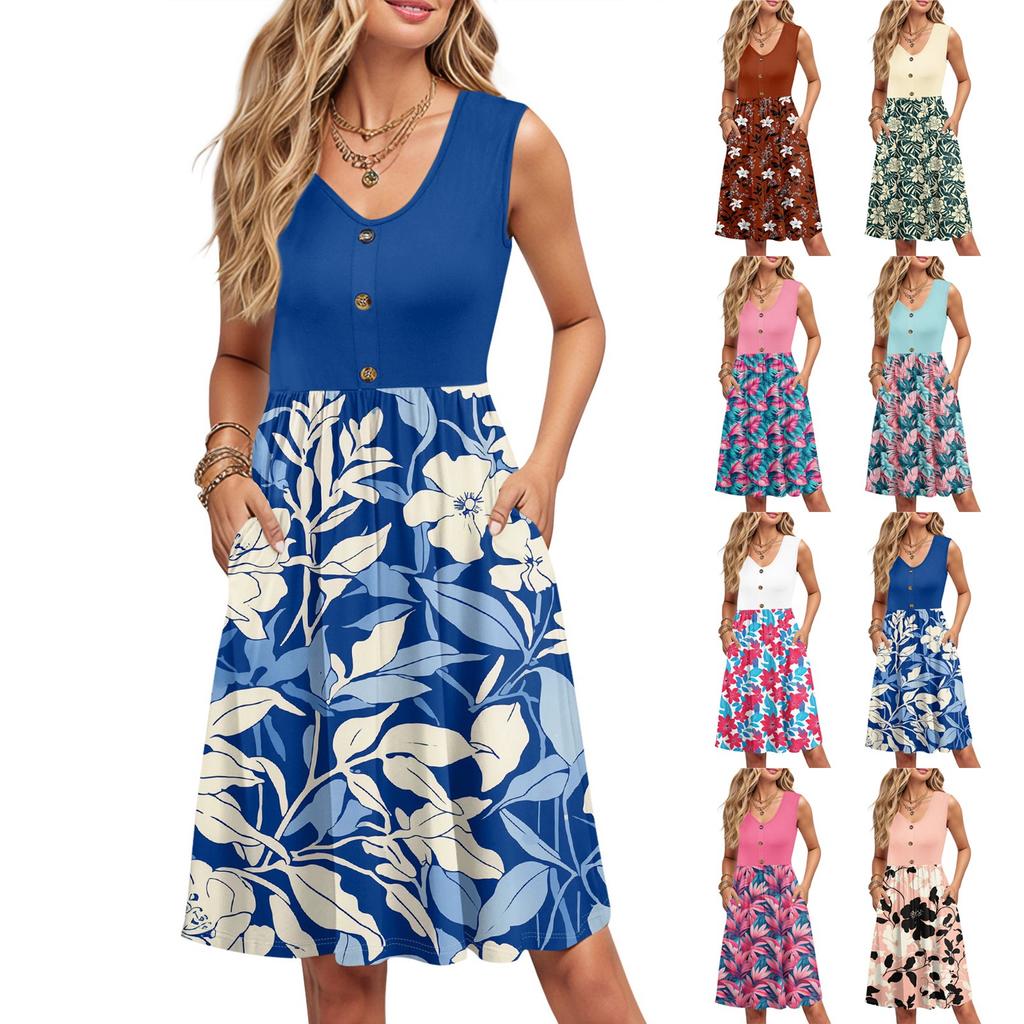 Damen Sommer Druck Kleider Ärmellos Lässig Locker Schwingend Knopfleiste Midi Sommerkleid mit Taschen