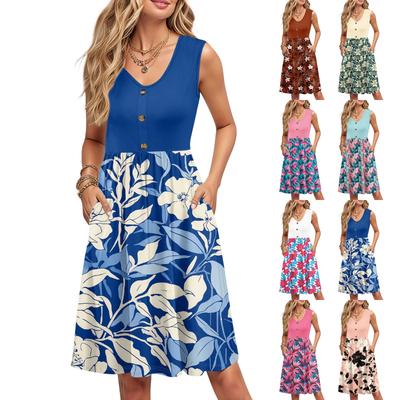 Women Summer Printing Dresses Sleeveless Casual Loose Swing Button Down Midi Sundress With Pockets