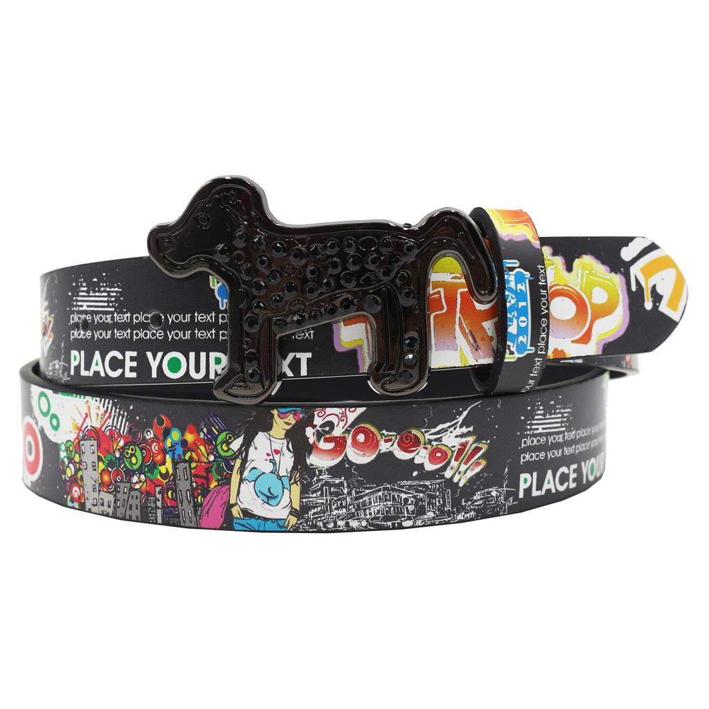 Dog Rhinestone Buckle Smooth Buckle Printed Graffiti Casual Personalized Belt Belt Versatile In Europe and America
