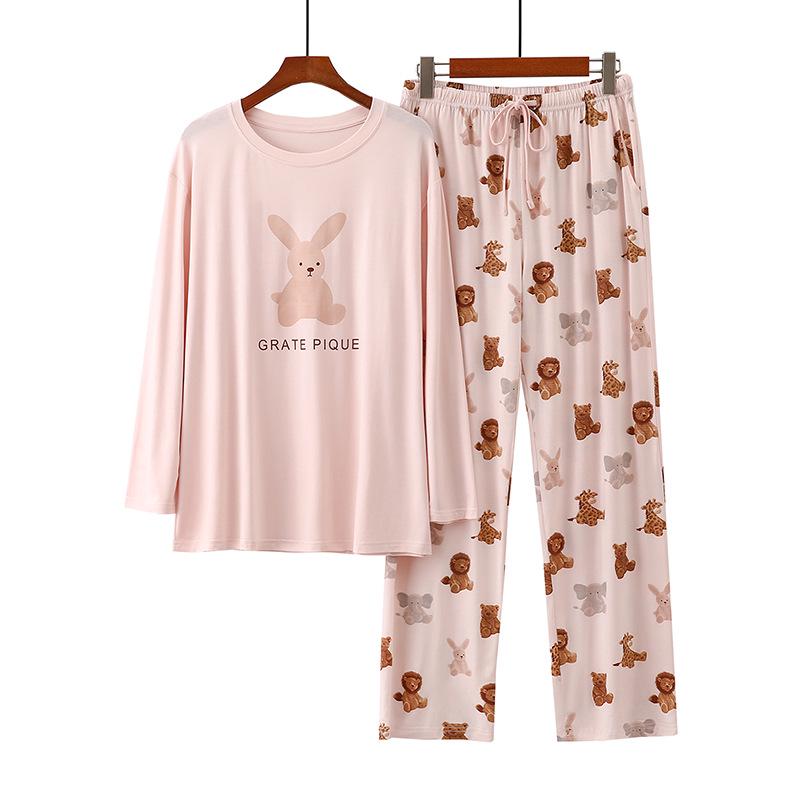 

Женский пижамный комплект с длинными рукавами и рисунком льва и кролика - осенне-зимняя домашняя одежда с круглым вырезом и свободным кроем Free Size (80-145 jin)