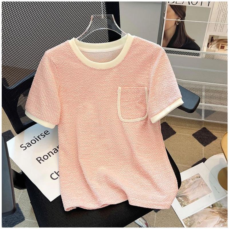 Women Pink Textured Crew Neck T Shirt Contrast Trim Short Sleeve Casual Top S