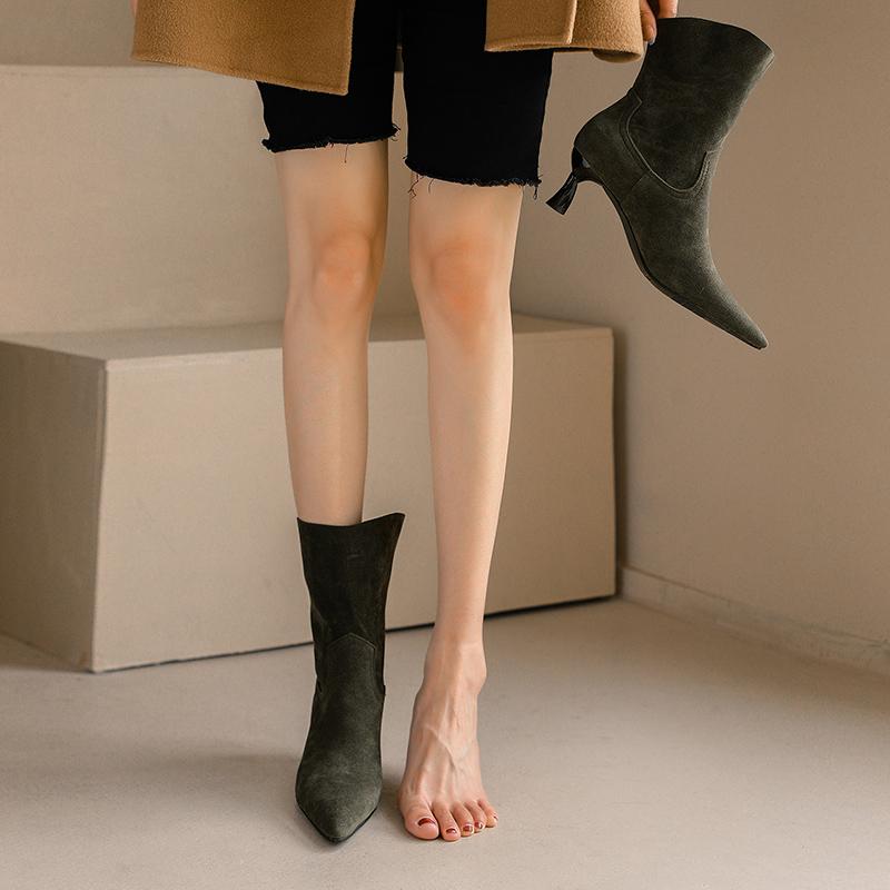 Women's high-heeled short boots spring and autumn pointed-toed thin-heeled simple large-size short boots