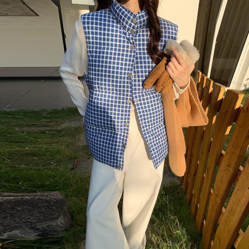 Stand-up collar plaid sleeveless cotton jacket vest jacket women's summer new stacked wear casual loose hidden buckle vest tide