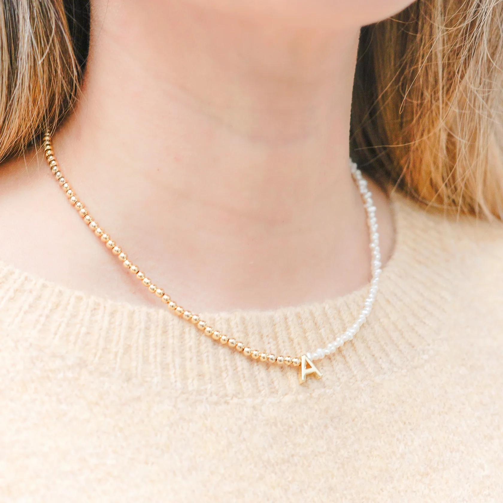 

Vlen Half Pearl Half Gold Beaded Initial Necklace 18K Gold Plated Dainty Letter Choker for Women Minimalist Jewelry Gift A