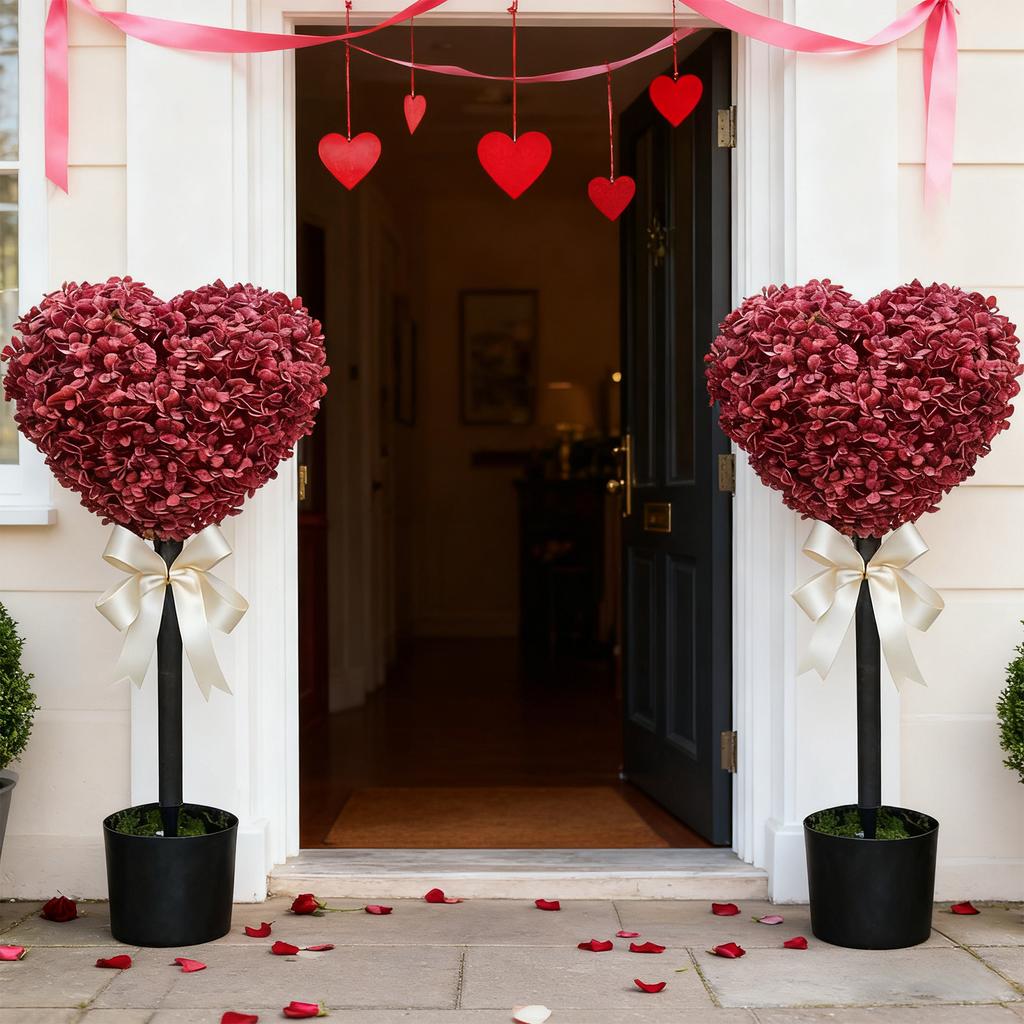 Heart Shaped Topiary Artificial Trees with Pot and Bow Tie Artificial Boxwood Topiary Fake Plant 29.5in for Valentines Home