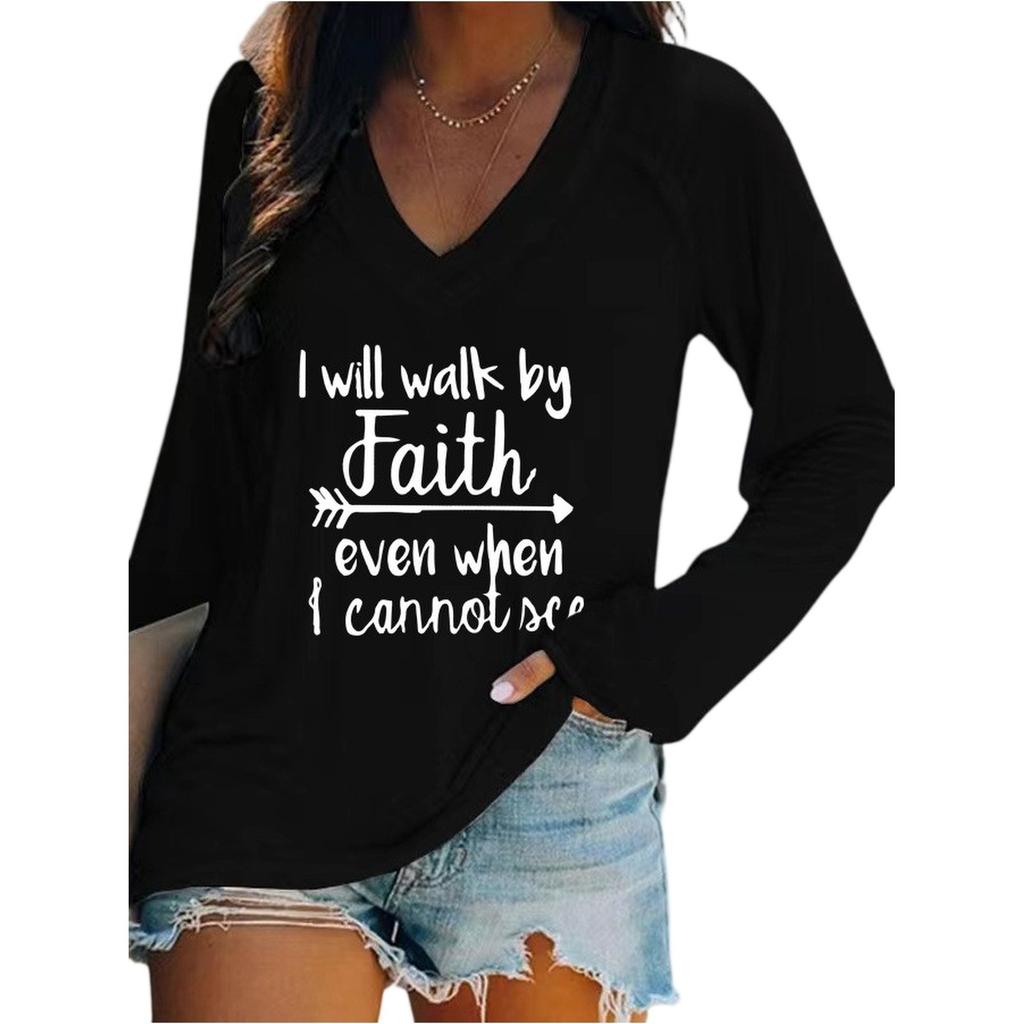 Women's Casual V-Neck Long-Sleeve Printed Letter Sweatshirt