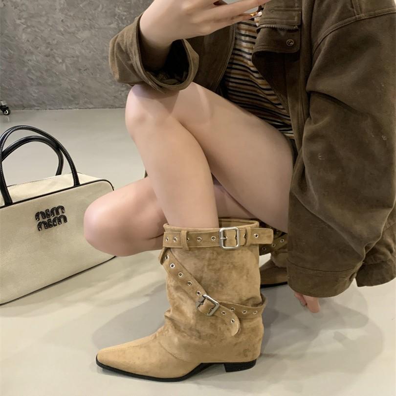 2025 New Retro Pointed Thin Boots Belt Buckle Thin But Knee Pile Boots Women's Versatile Thick Heel Mid Boots