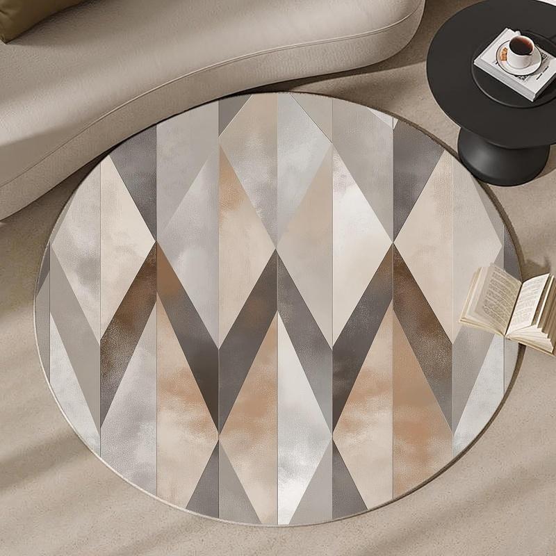 Round Modern Gold Grey Geometric Area Rug Non-Slip Floor Mat for Living Room Bedroom Minimalist Home Decor