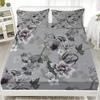 3pcs Pink Grey Fitted Sheet Set Fresh Style Rose Flora Print 100% Polyester Soft Bedding Set for Home Decor with 2 Pillowcases