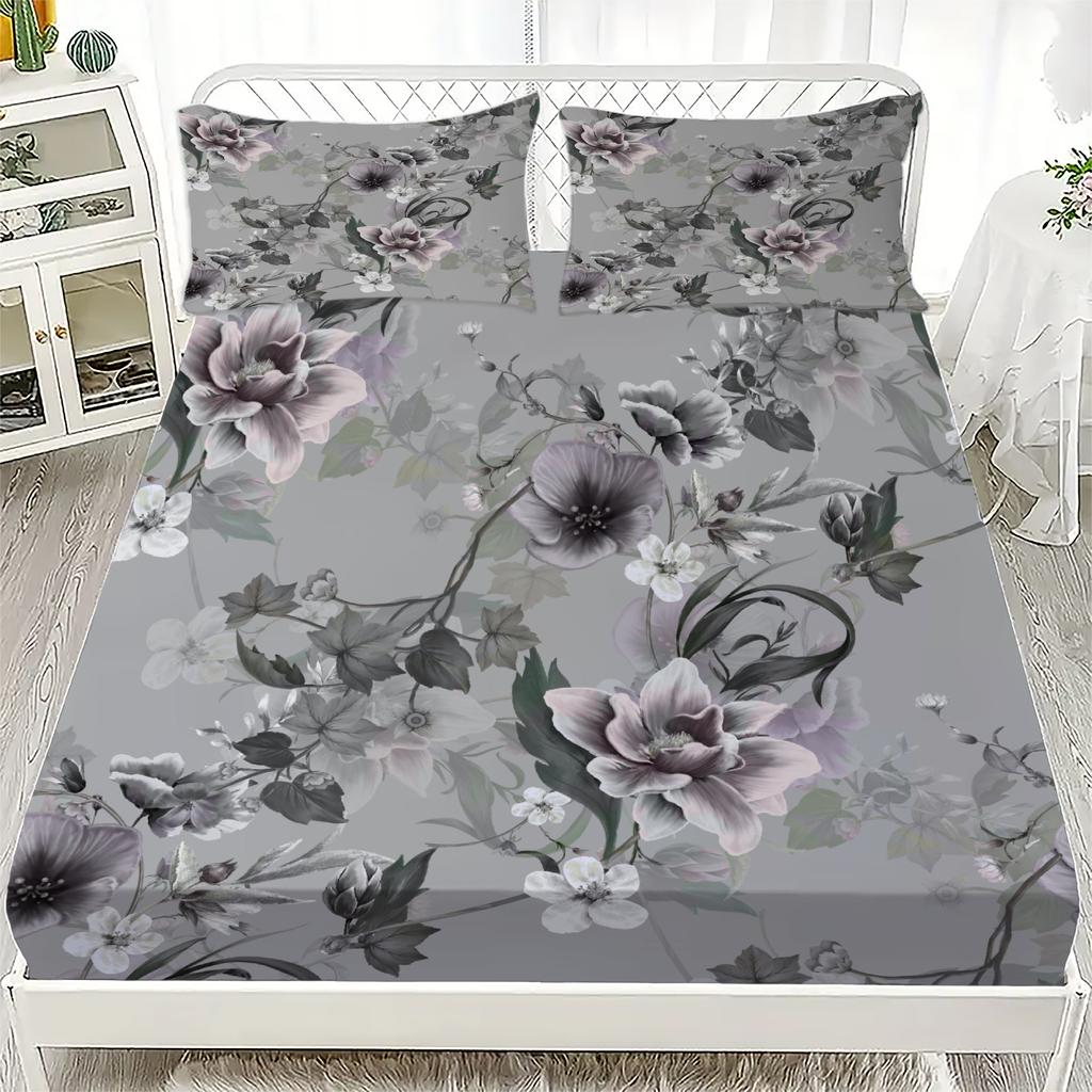 3pcs Pink Grey Fitted Sheet Set Fresh Style Rose Flora Print 100% Polyester Soft Bedding Set for Home Decor with 2 Pillowcases