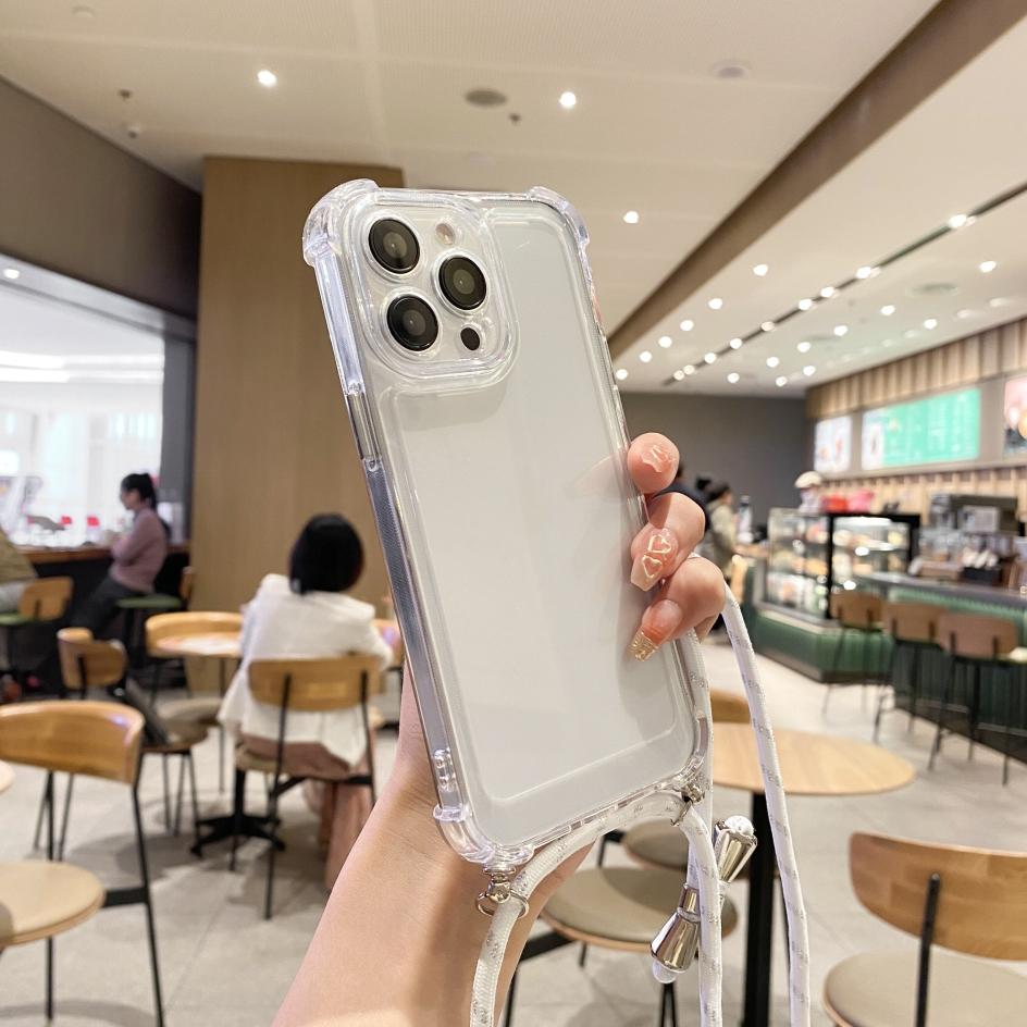 Transparent Shockproof Soft TPU Case For iPhone 14 13 11 12 Pro Max XR XS X 7 8 6S Plus SE3 Plating Button Cord Chain Rope Cover