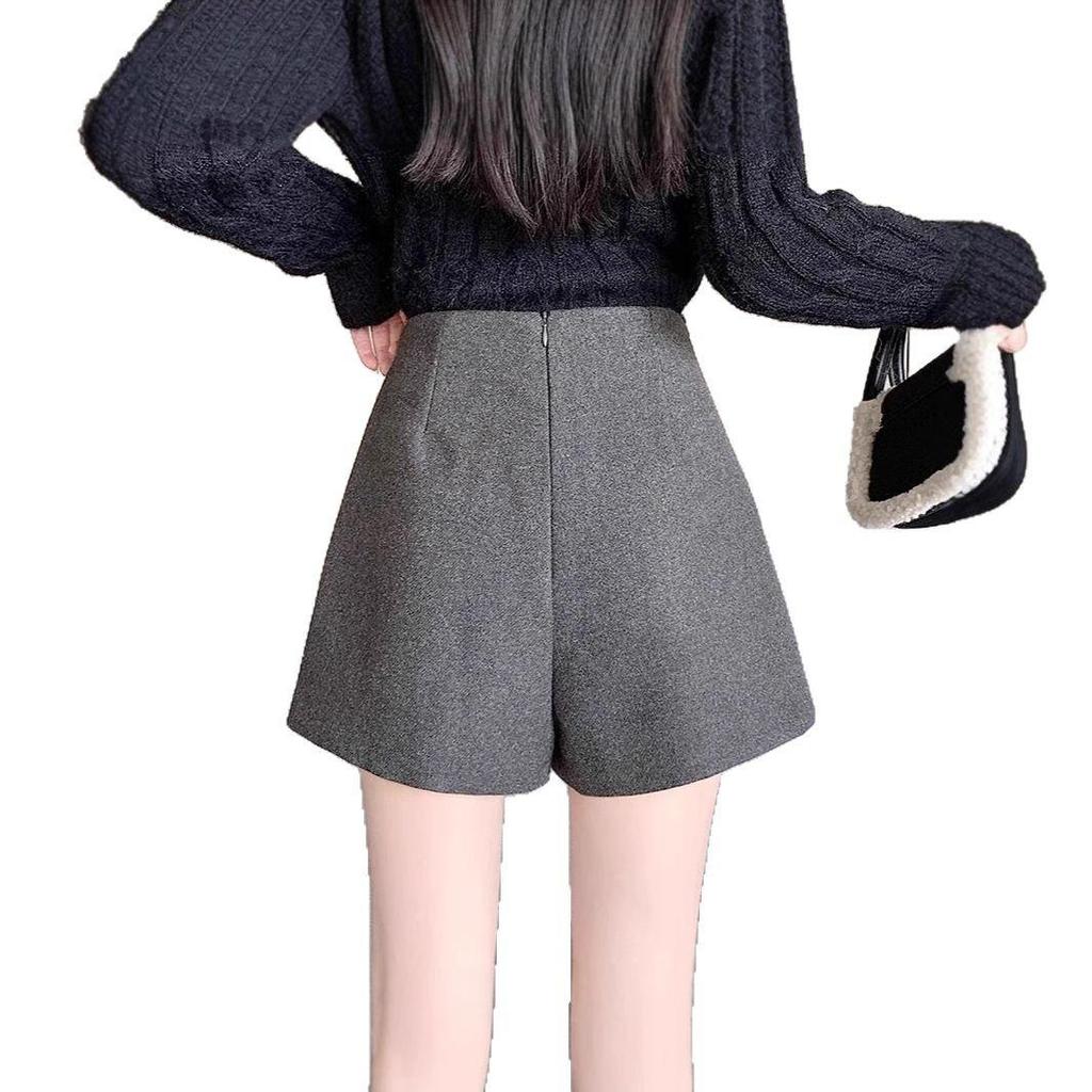 Women's Gray Woolen High-Waist A-line Shorts for Autumn & Winter - 2024 Casual Wide-Leg Pants with Boots