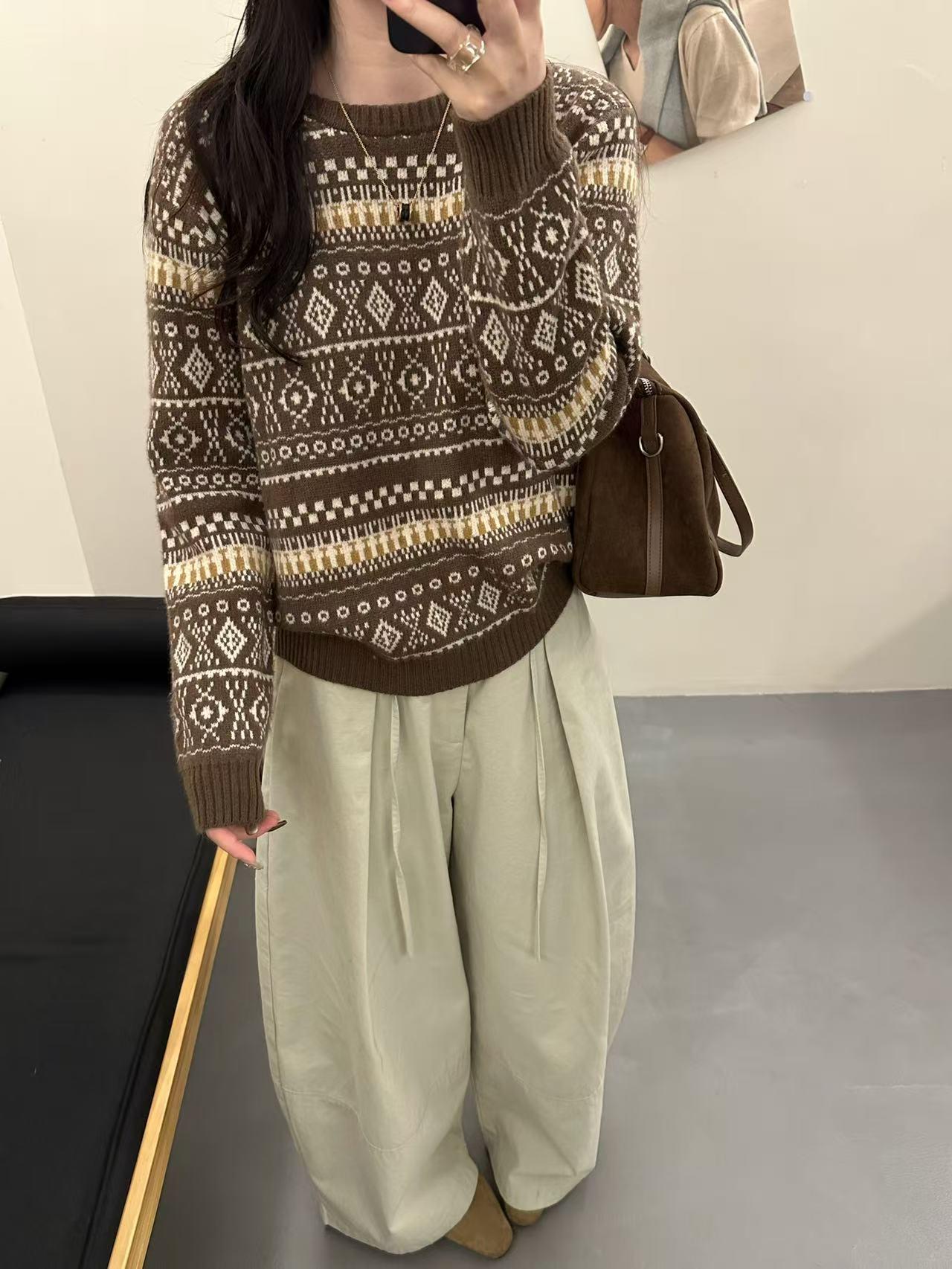 

Женский пуловер с круглым вырезом в стиле ретро Fair Isle: Модный облегающий вязаный свитер на осень/зиму L кофейный