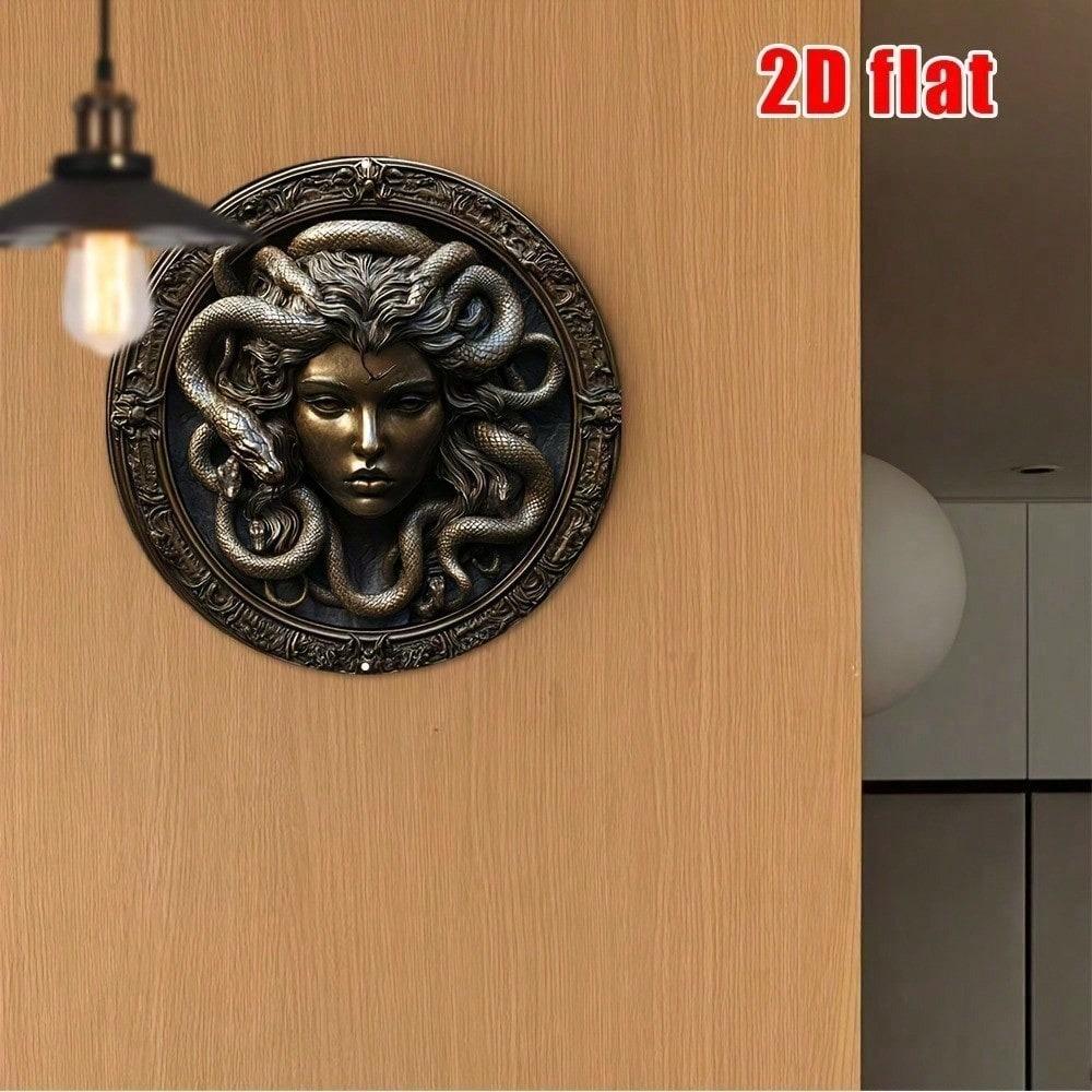 Metal Medusa Wall Art, 8x8 Inch Round Aluminum Sculpture, 2D Flat Head Decor for Home, Waterproof Durable Outdoor Metal Sign