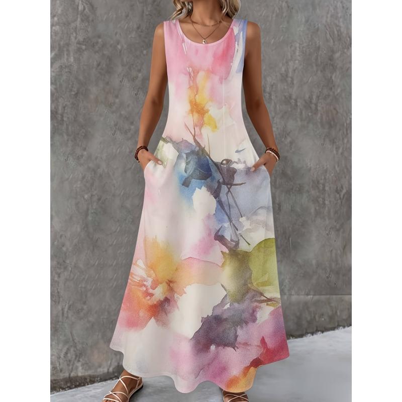 Women Sleeveless Dress Round Neck with 3D Print Long Maxi Dress for Summer Beach Vacation Casual Wear