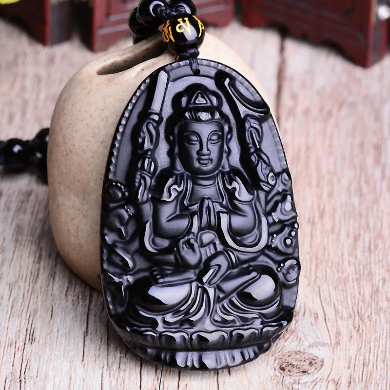 Vintage Retro Buddha Black God Rhinestone Obsidian Pendant Necklace Chain Unisex Men Women Fashion Gothic Amulet Talisman Jewelry Party Gift