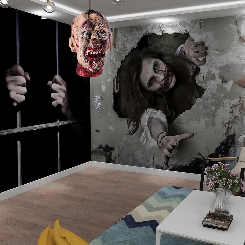 Scary Halloween Decorations Props - Life-Size Hanging Bloody Latex Severed Zombie Head for Haunted House Decor, Indoor Outdoor Halloween Party Yard