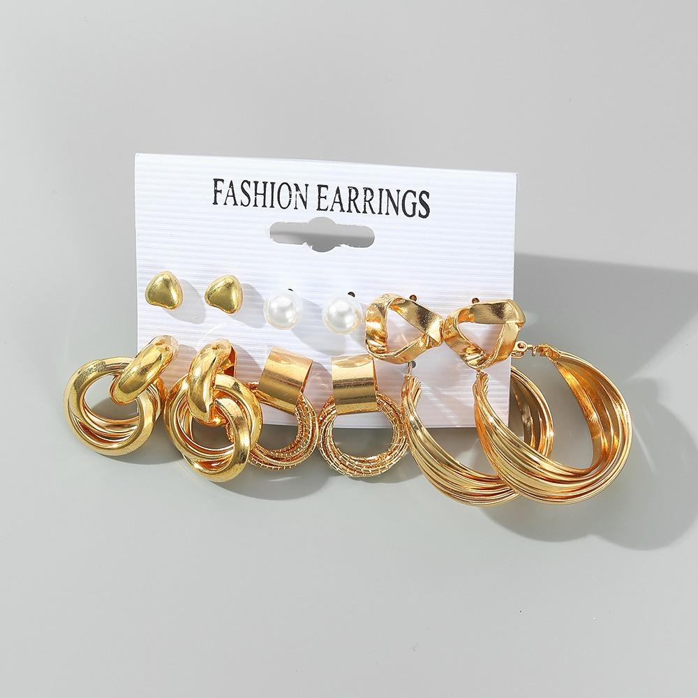 Women's Earrings Set 6 Pairs Assorted Gold Hoop Studs Ear Cuffs Pearl Drop Geometric Statement Party Jewelry