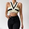 Sexy Knitted Hang The Neck Slip Vest Top Women Spring Western Style Stripe Contrast Color V-Neck All-Match Tops