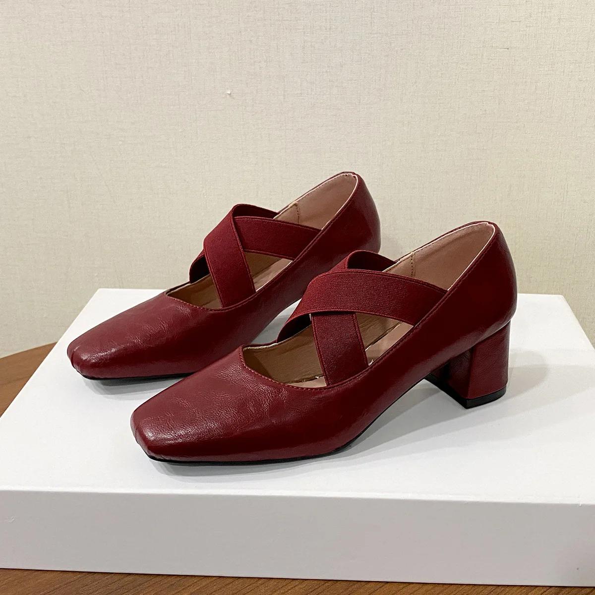 

Женские туфли-лодочки на толстом среднем каблуке с перекрещивающимися эластичными резинками, балетки женские, винтажные, с квадратным носком, бордовые туфли-лодочки, весна-осень, каблуки женские 39