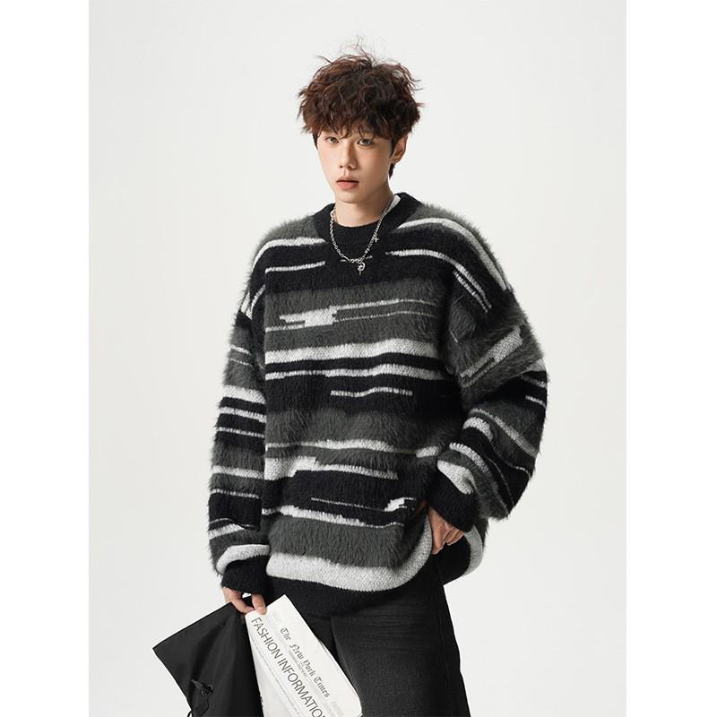 Men Women Striped Knit Sweater Loose Fit Casual Crewneck Pullover Winter