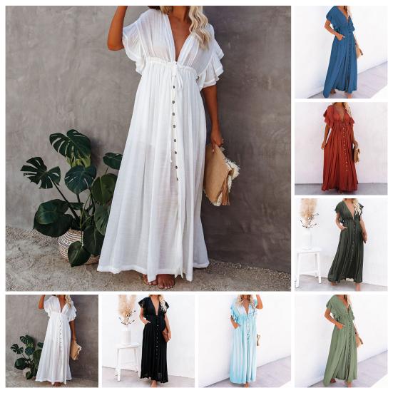 Badeanzug-Abdeckung, einfarbig, sexy, tiefes V-Ausschnitt, Rüschen-Bikinikleid