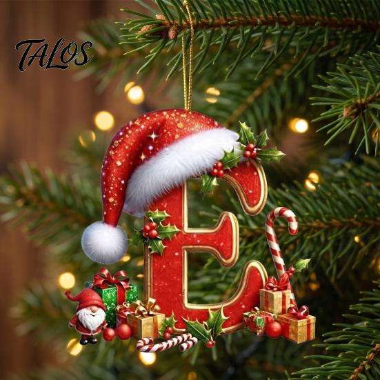 Christmas Tree Decoration 26 Pcs Letters Ornaments, A-Z Alphabet Acrylic Hanging Ornament Decoration, Personalized Initial Pendant with Santa Hat for