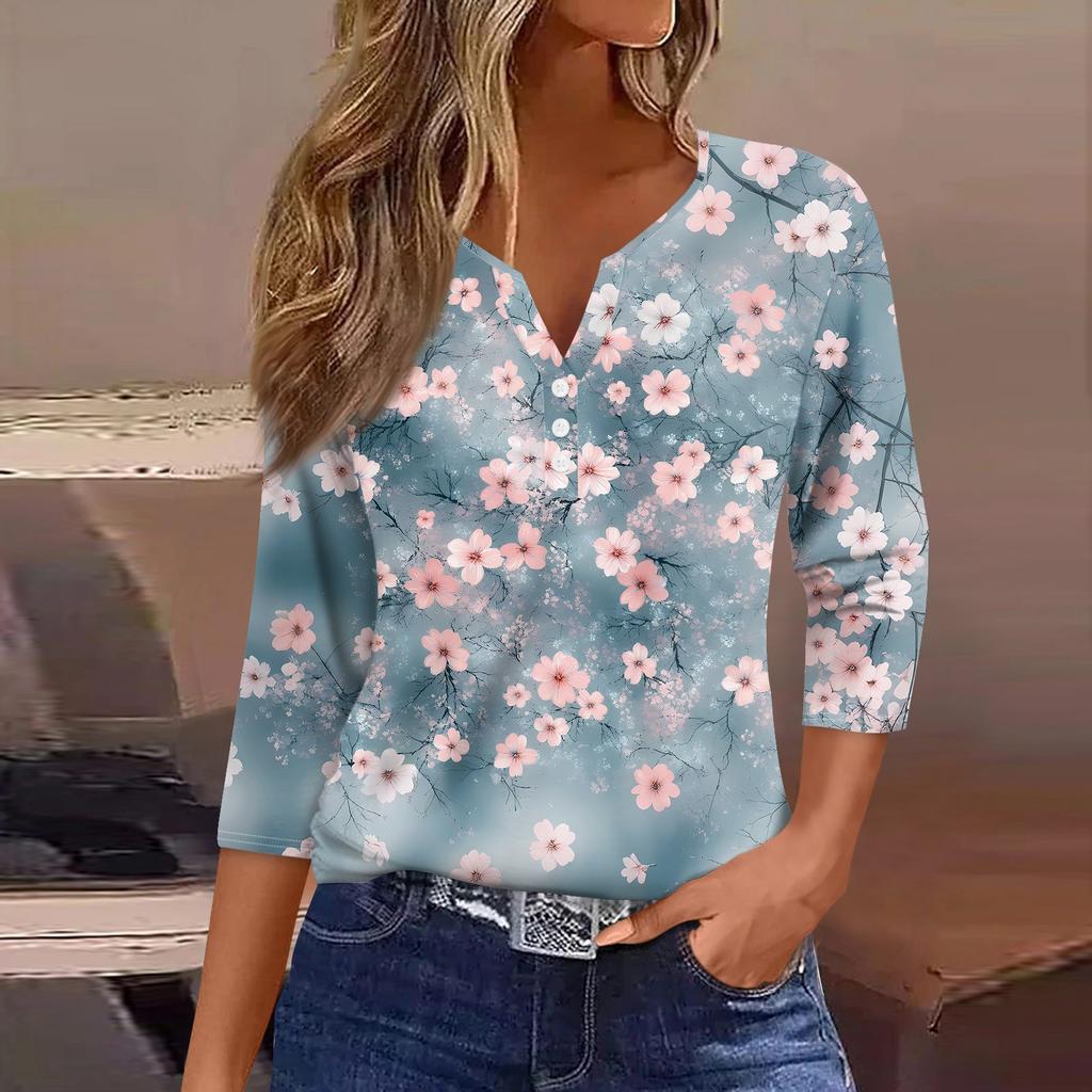 Damen T-Shirt mit Aufdruck, Knopfleiste, 3/4-Ärmel, für den Alltag, Wochenendmode, Basic, V-Ausschnitt, normales Oberteil